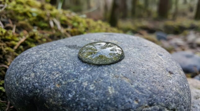 Single water droplet resting on a smooth river stone.