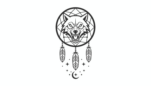 Native American dreamcatcher illustration featuring a snarling wolf head, hanging feathers, crescent moon, and sparkling stars.