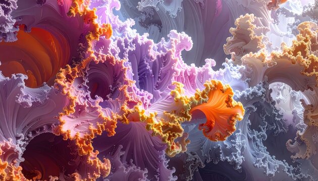 Abstract fractal cauliflower with vibrant purple, pink, orange and yellow colors, detailed texture, macro photography, organic forms, beautiful natural patterns