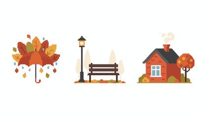 Fototapeta premium Set of cozy autumn season pixel art illustrations showing umbrella with falling leaves, park bench, and cottage.