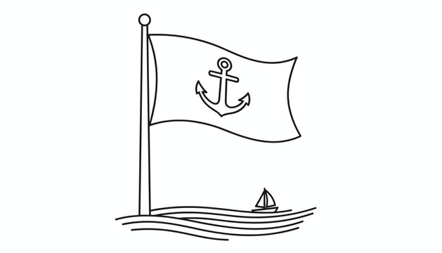 Nautical marine flag outline drawing on flagpole with anchor emblem waving over ocean waves and a small sailboat.