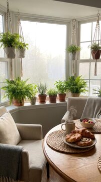 Sunlit breakfast nook with potted plants and wooden table.
