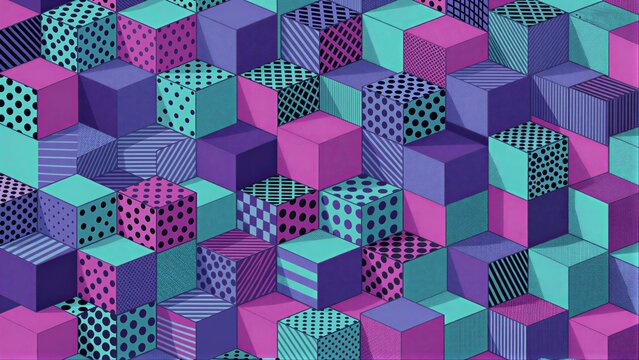 Vibrant geometric cubes in purple, pink, and teal patterns create a dynamic 3D mosaic.