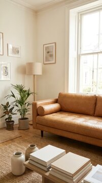 Sunlit living room featuring tan leather sofa and houseplants.