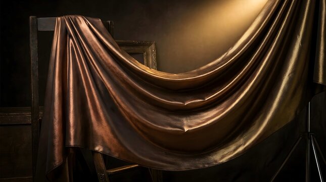 Elegant Beige Silk Fabric Draped Over Wooden Chair in Moody Dramatic Lighting for Luxurious Fine Art Photography Background