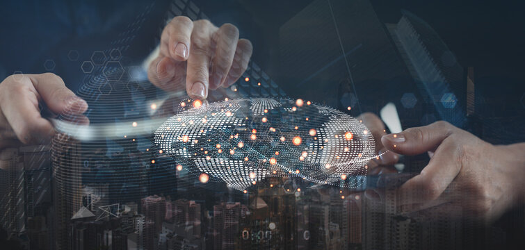 Internet network connection, global communication with computer devices and smart mobile phone, social media networking, online marketing via mobile app double exposure with smart city