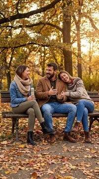 Three friends laughing on park bench during autumn.