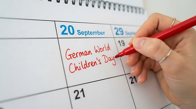 Hand with red pen writing German World Children's Day on calendar September 20, marking youth celebration reminder and special event date