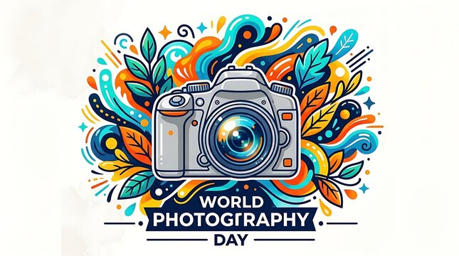 World Photography Day Badge. Colorful DSLR Camera Vector Illustration. Floral Abstract Background Design. Hobby Emblem And Celebration Logo Template