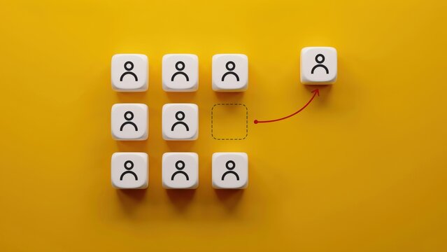 Person icon cube moving out from grid with red arrow on yellow background, concept of employee turnover and replacement