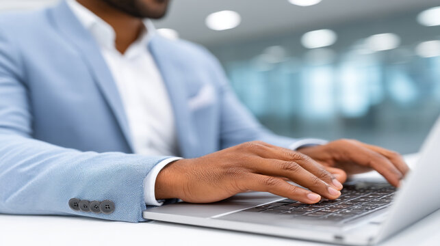 Close up of an unrecognizable professional man in a blue suit typing on a laptop computer