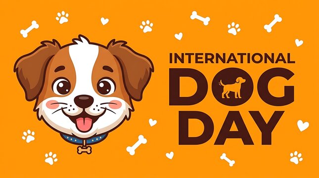 Cute puppy cartoon face on orange background for International Dog Day celebration design. Kawaii mascot with bones and paws. Vector illustration