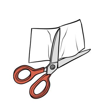 Scissors cutting white paper sheet stationery cartoon illustration for children education isolated on transparent background
