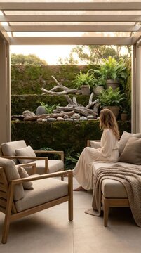 Woman relaxing on patio with vertical garden.