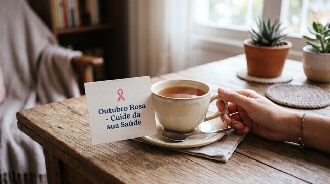 Pink ribbon card with Portuguese text about breast cancer awareness next to a cup of tea