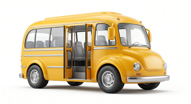 School bus in glossy yellow paint features open doors against a clean white background.