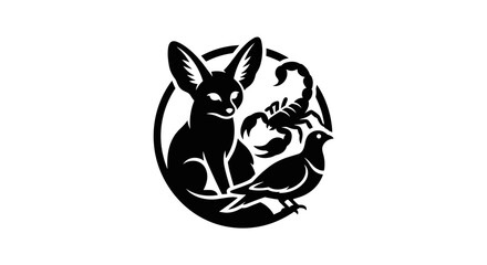 Fototapeta premium Stylized Fennec Fox Scorpion and Dove Silhouette Emblem.