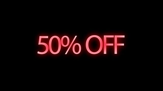 Discount text reading 50% OFF glows with a red neon light effect on a solid black background.