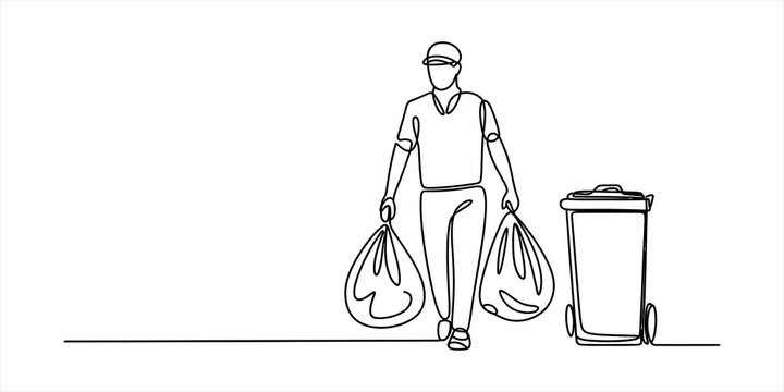 Continuous single line drawing of a waste collector man carrying two heavy trash bags and walking next to a garbage bin for recycling and cleaning