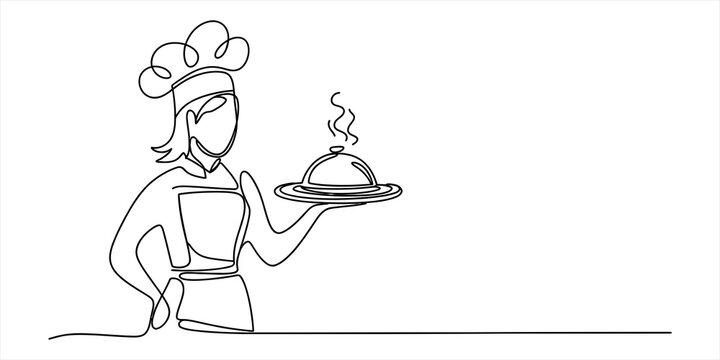 Continuous single line drawing of a female chef wearing a tall hat and apron serving a hot meal on a platter with steam rising in a professional kitchen