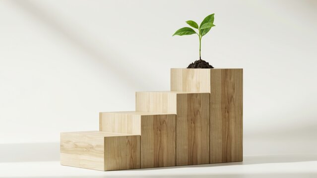 Wooden blocks forming stairs with a small green plant growing on the top step, isolated on white background