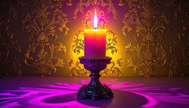 Elegant Candle in Ornate Candlestick on Damask Wallpaper Background with Purple Light Reflections