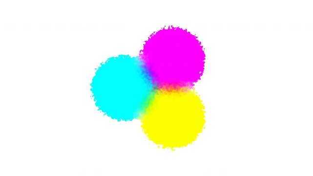 Cyan magenta yellow and black ink blotches merging together on a white background