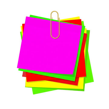 Vibrant Multi-Colored Adhesive Paper Notes Stacked Together with a Metal Paperclip for Organized Office Documentation and Reminder Systems
