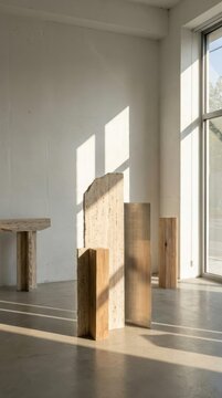 Abstract wooden blocks in sunlit gallery space.