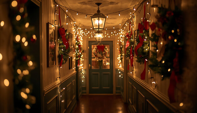 Cozy Christmas decorated hallway with string lights and festive wreaths.