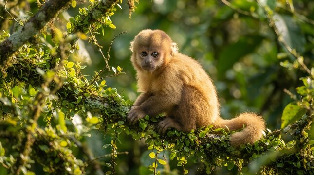 Golden snub-nosed monkey resting on mossy tree branch in lush green forest