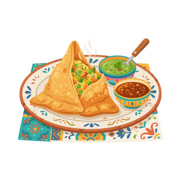 2d flat illustration style "food", isolated on white background. No texts. A crispy vegetable samosa with peas, potato, and spices, served with chutney in a colorful flat composition.