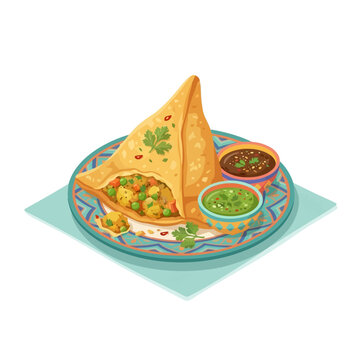 2d flat illustration style "food", isolated on white background. No texts. A crispy vegetable samosa with peas, potato, and spices, served with chutney in a colorful flat composition.