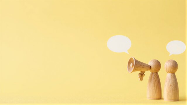 Two wooden figures, one holding a megaphone with speech bubbles above them.
