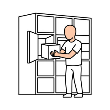 Man Placing Package into Automated Parcel Locker Vector Illustration