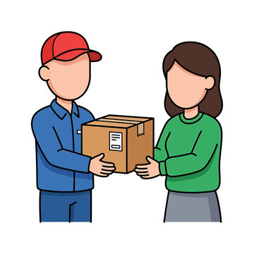 Delivery Man Handing Cardboard Package to Female Customer Illustration