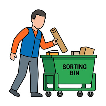 Man Sorting Waste into a Green Recycling Bin Illustration