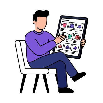 Man Browsing Online Fashion Store on Tablet Vector Illustration