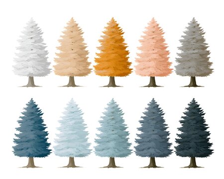 Collection of ten stylized pine trees in a variety of muted and pastel colors, arranged in two rows, on a white background