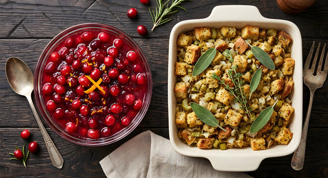 Traditional thanksgiving cranberry sauce and herb stuffing casserole on dark wood background