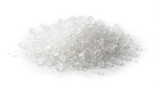 Close-up of a pile of coarse white salt crystals isolated on a clean white background, showing the natural granular texture and translucent crystalline structure.