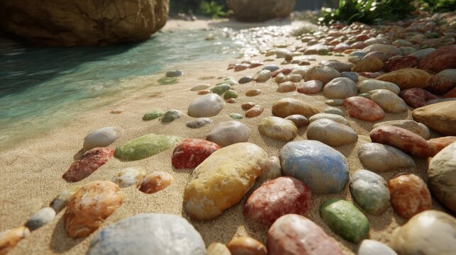 Smooth, colorful pebbles arranged on a sandy beach shoreline with gently lapping water