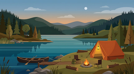 Naklejka premium Serene lakeside campsite with a glowing campfire and tent under the evening sky