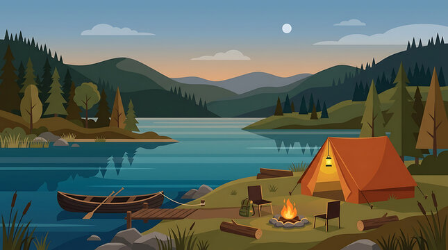 Serene lakeside campsite with a glowing campfire and tent under the evening sky