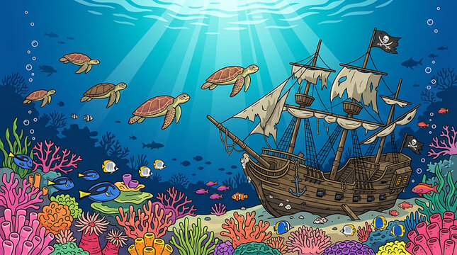 Turtles swim past a sunken pirate ship in a vibrant coral reef ocean scene with sunlight rays