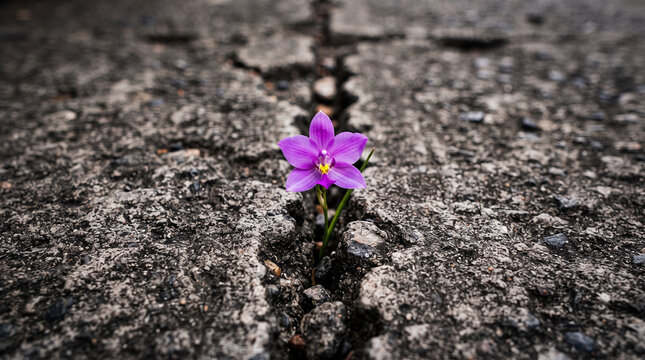 A striking close up of a vibrant magenta flower with a delicate yellow center, blooming resiliently from a deep, dark crack in rough, grey asphalt.