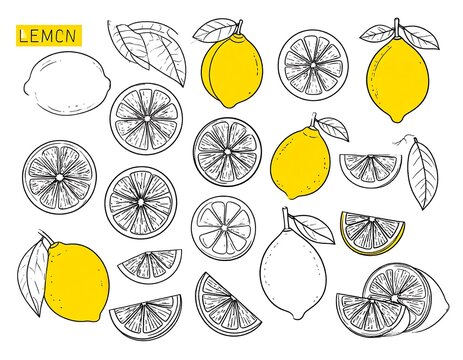 Lemon slices and citrus leaf illustrations set.