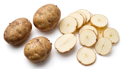 Fototapeta premium Whole and Sliced Jicama Roots Arranged in Clean Food Still Life