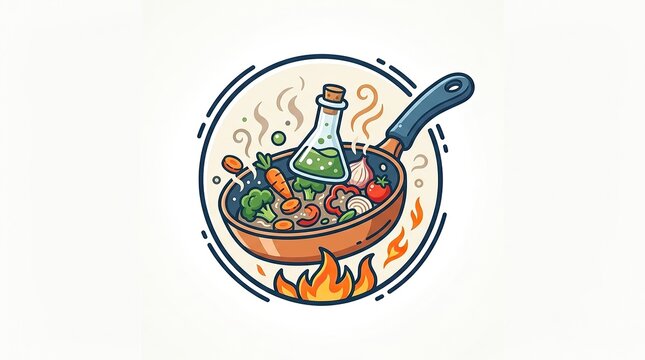 Cooking pan with vegetables and potion bottle illustration for culinary hobby logo design