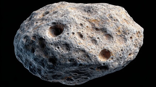 Cracked, pockmarked surface of a rocky asteroid with detailed texture against a dark background, representing extraterrestrial geology